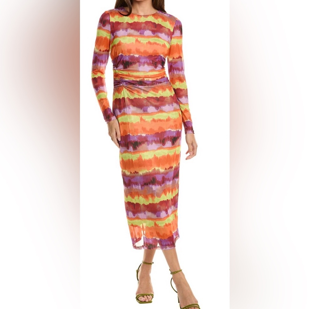 Nicole Miller long sleeve crew neck printed mesh midi dress lined